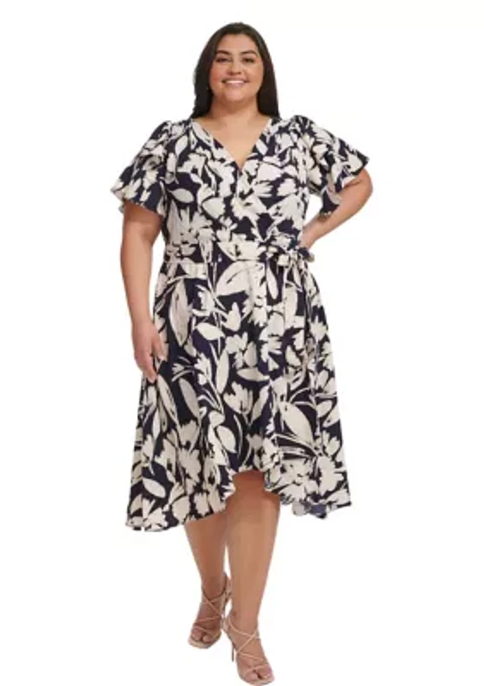 Plus Flutter Sleeve Two Tone Floral Printed Dress