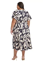 Plus Flutter Sleeve Two Tone Floral Printed Dress