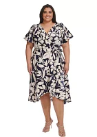 Plus Flutter Sleeve Two Tone Floral Printed Dress