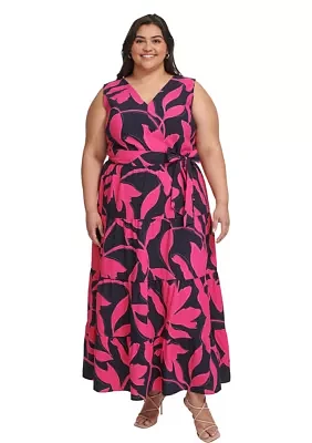 Plus Sleeveless Printed V-Neck Tie Waist Dres