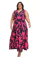 Plus Sleeveless Printed V-Neck Tie Waist Dres