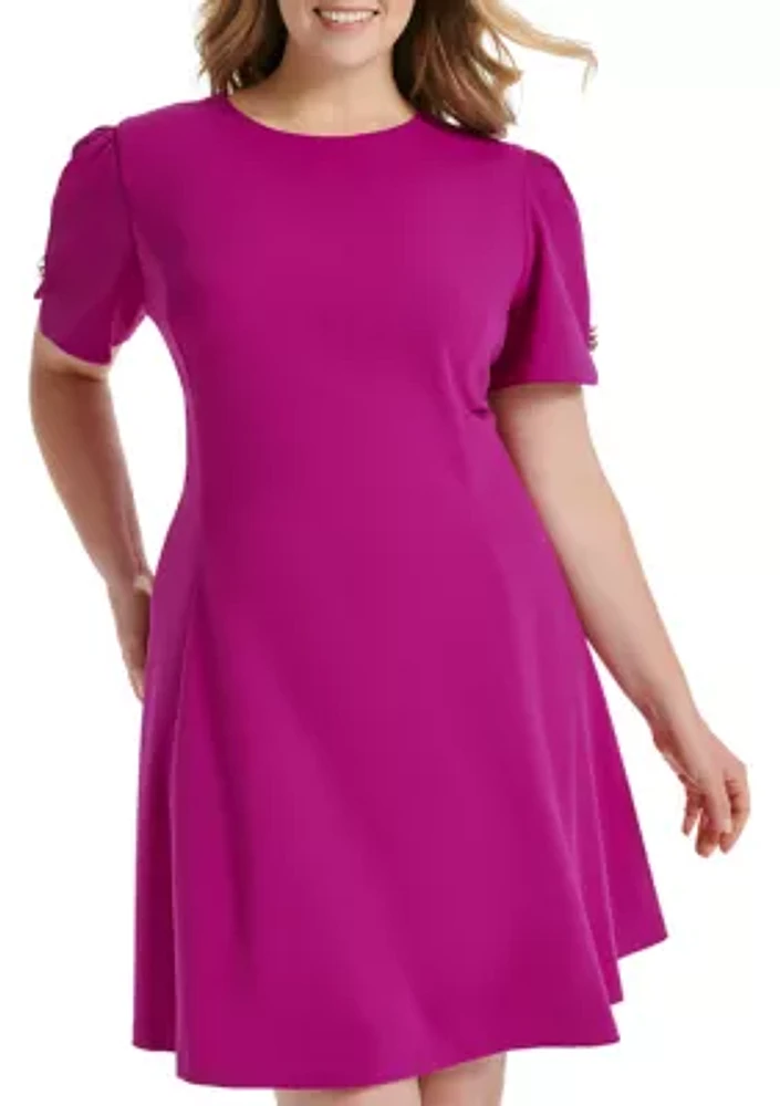 Plus Puff Sleeve Scuba Crepe A-Line Dress