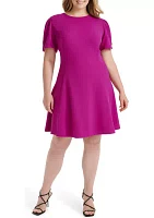 Plus Puff Sleeve Scuba Crepe A-Line Dress