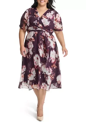 Plus V-Neck Floral Chiffon Wrap Fit and Flare Dress