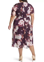 Plus V-Neck Floral Chiffon Wrap Fit and Flare Dress