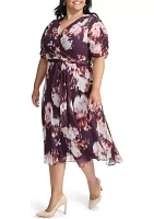 Plus V-Neck Floral Chiffon Wrap Fit and Flare Dress