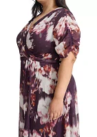 Plus V-Neck Floral Chiffon Wrap Fit and Flare Dress