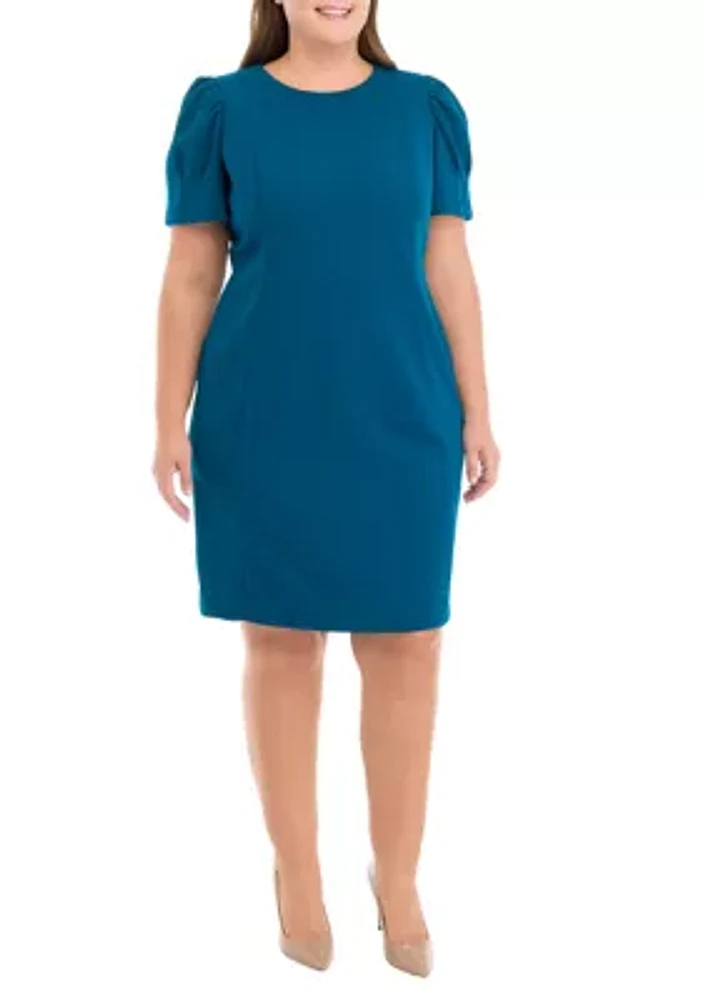 Plus Puff Sleeve Crew Neck Solid Sheath Dress