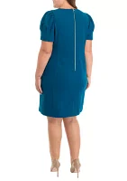 Plus Puff Sleeve Crew Neck Solid Sheath Dress