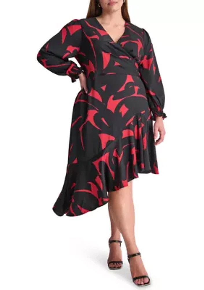 Plus Long Sleeve V-Neck Abstract Print Fit and Flare Dress