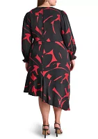 Plus Long Sleeve V-Neck Abstract Print Fit and Flare Dress