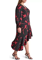 Plus Long Sleeve V-Neck Abstract Print Fit and Flare Dress