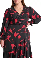 Plus Long Sleeve V-Neck Abstract Print Fit and Flare Dress