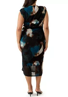 Plus Sleeveless Crew Neck Abstract Print Ruched Sheath Dress