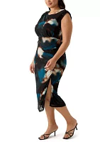 Plus Sleeveless Crew Neck Abstract Print Ruched Sheath Dress