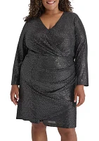 Plus Long Sleeve V-Neck Glitter Side Ruched Gown