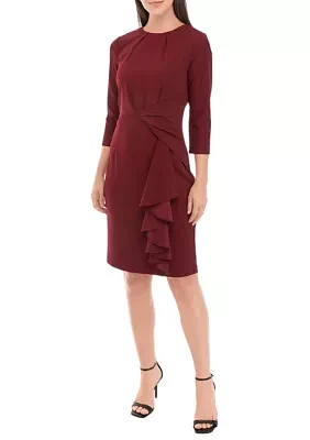 Women's 3/4 Sleeve Twist Waist Solid Sheath Dress with Ruffles