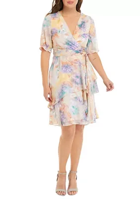 Women's Short Sleeve Ruffle Print Wrap Dress