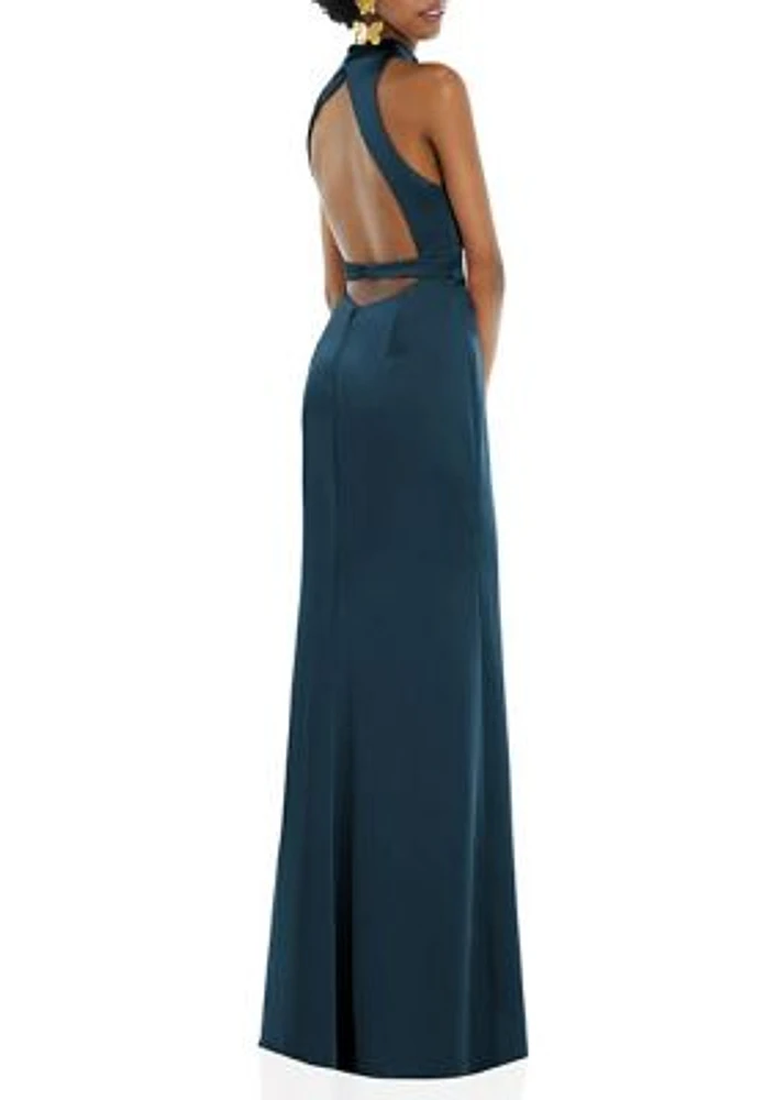 High Neck Backless Maxi Dress with Slim Belt