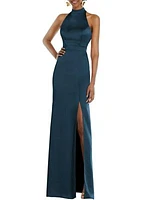 High Neck Backless Maxi Dress with Slim Belt