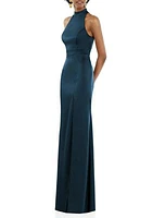 High Neck Backless Maxi Dress with Slim Belt