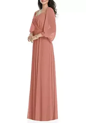Dessy Collection Off-the-Shoulder Puff Sleeve Maxi Dress with Front Slit