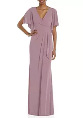 Dessy Collection Faux Wrap Split Sleeve Maxi Dress with Cascade Skirt