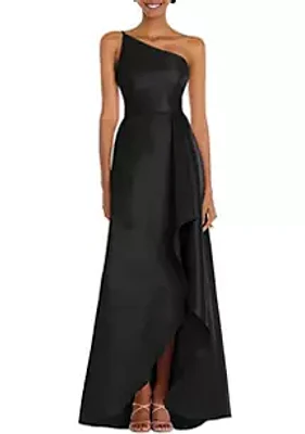 Alfred Sung One-Shoulder Satin Gown with Draped Front Slit and Pockets