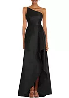 Alfred Sung One-Shoulder Satin Gown with Draped Front Slit and Pockets