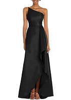 One-Shoulder Satin Gown with Draped Front Slit and Pockets