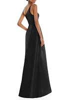 One-Shoulder Satin Gown with Draped Front Slit and Pockets