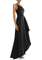 One-Shoulder Satin Gown with Draped Front Slit and Pockets