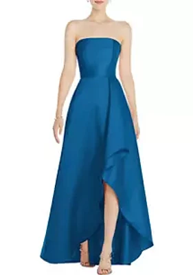 Alfred Sung Strapless Satin Gown with Draped Front Slit and Pockets