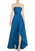 Alfred Sung Strapless Satin Gown with Draped Front Slit and Pockets