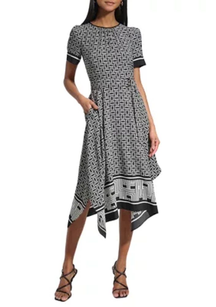 Women's Short Sleeve Border Printed Fit and Flare Midi Dress