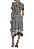 Women's Short Sleeve Border Printed Fit and Flare Midi Dress