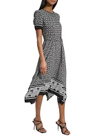 Women's Short Sleeve Border Printed Fit and Flare Midi Dress