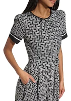 Women's Short Sleeve Border Printed Fit and Flare Midi Dress