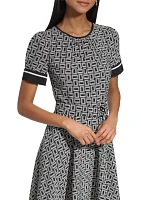 Women's Short Sleeve Border Printed Fit and Flare Midi Dress