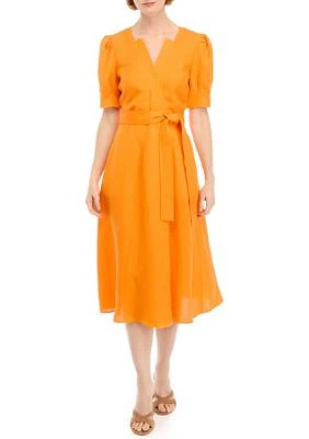 Women's Puff Sleeve V-Neck Cotton Fit and Flare Dress