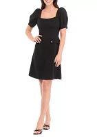 Women's Puff Sleeve Square Neck Scuba A-Line Dress