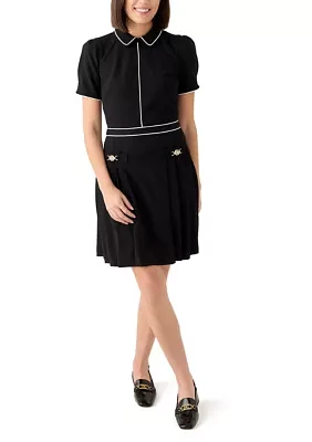 Women's Short Sleeve Collar Two Tone Fit and Flare Dress