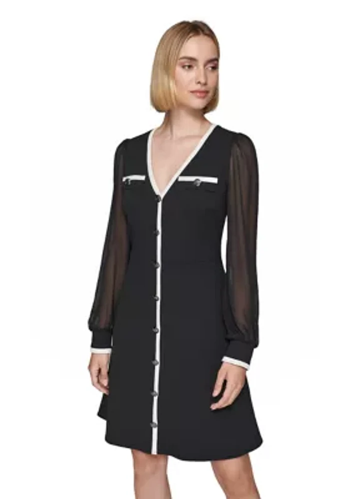 Women's Scuba Crepe A-Line Dress with Contrast Piping and Illusion Sleeves