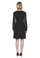 Women's Scuba Crepe A-Line Dress with Contrast Piping and Illusion Sleeves