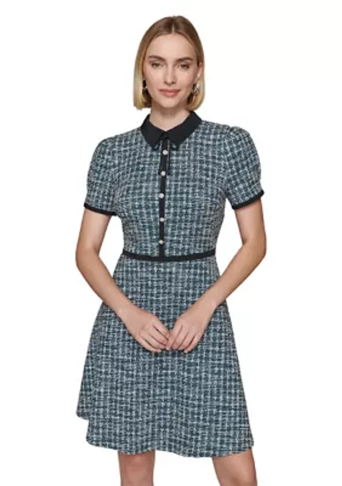 Women's Multi Boucle Knit Tweed A-Line Dress with Bow and Embellished Pearl Buttons