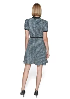 Women's Multi Boucle Knit Tweed A-Line Dress with Bow and Embellished Pearl Buttons