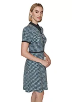 Women's Multi Boucle Knit Tweed A-Line Dress with Bow and Embellished Pearl Buttons