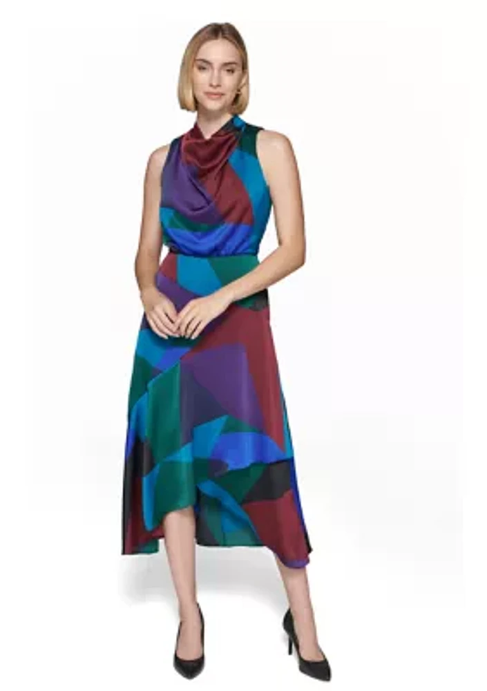 Women's Sleeveless Cowl Neck Geometric Print Fit and Flare Midi Dress