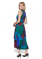 Women's Sleeveless Cowl Neck Geometric Print Fit and Flare Midi Dress