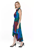 Women's Sleeveless Cowl Neck Geometric Print Fit and Flare Midi Dress